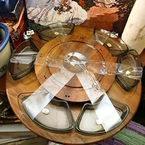 🪵HIGHEND Japan Made Lazy Susan Serving Tray Vintage Heavy Wood&Glass Turnstile.